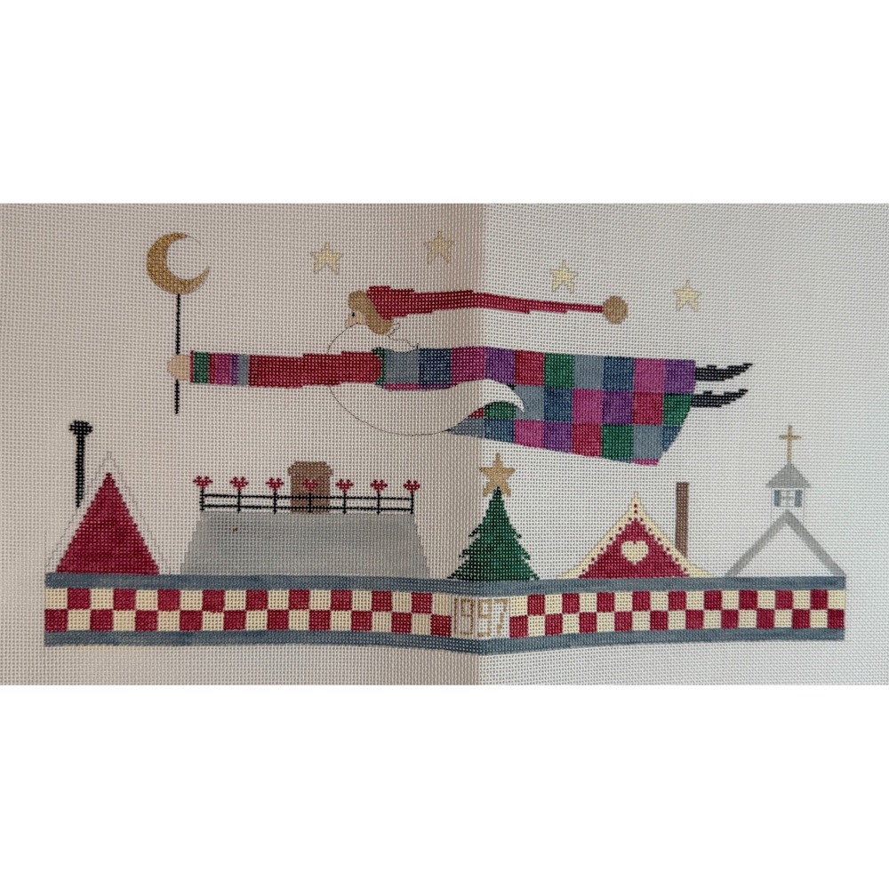 Vintage Hand Painted Flying Santa Needlepoint Canvas Christmas Village 1990s